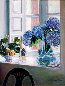 Ventana con hortensias<br>Óleo sobre tela, 46 x 38cm, 2002